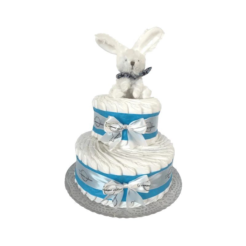 Gâteau de couches bleu et son lapin