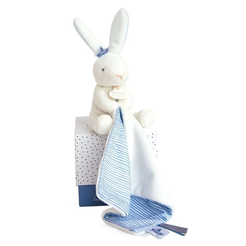 Peluche lapin bleu avec mouchoir, idée cadeau de naissance bébé garçon